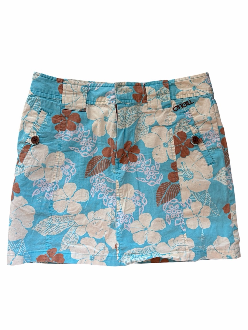 O’Neill Y2K Blue Tropical Hibiscus Floral Cotton Mini Skirt Coastal Beachy Surf